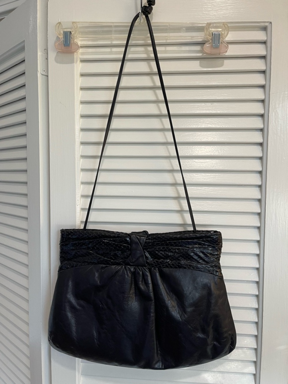 Elegant Black Leather/Snakeskin Shoulder or Clutch Bag with Braided Detail Vin70